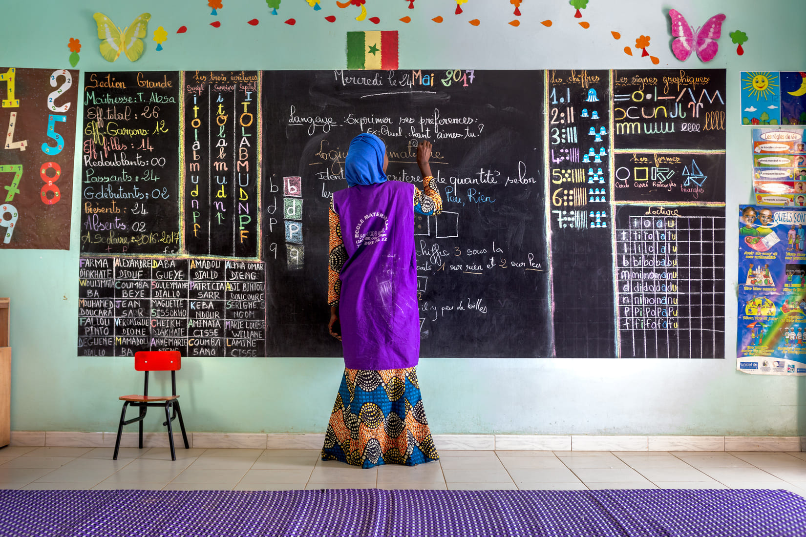 Profesora senegalesa escribiendo en la pizarra